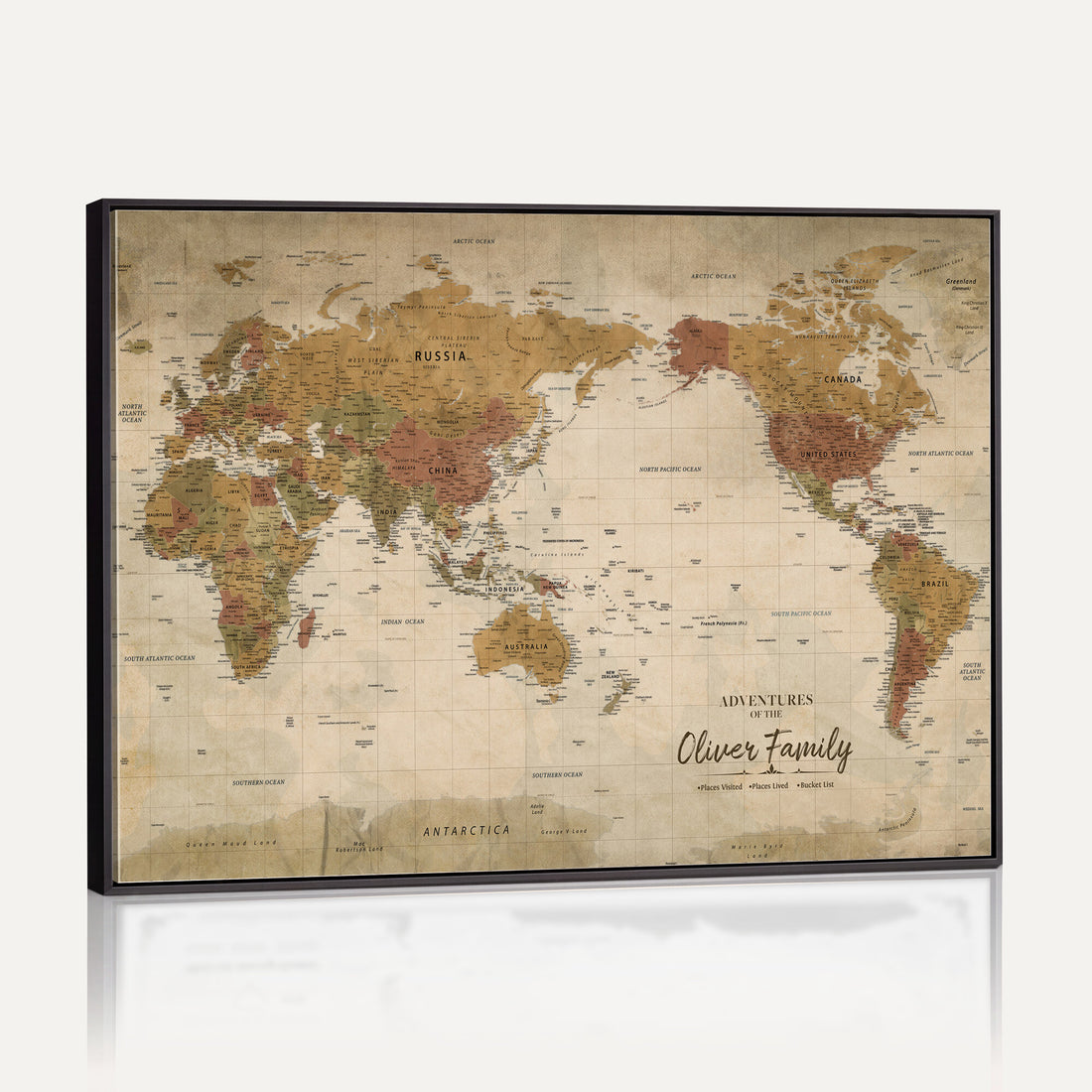 Personalized Framed Navy Modern World Map Canvas with Push Pins, Bucket List Map, Living Room and Entryway Decor