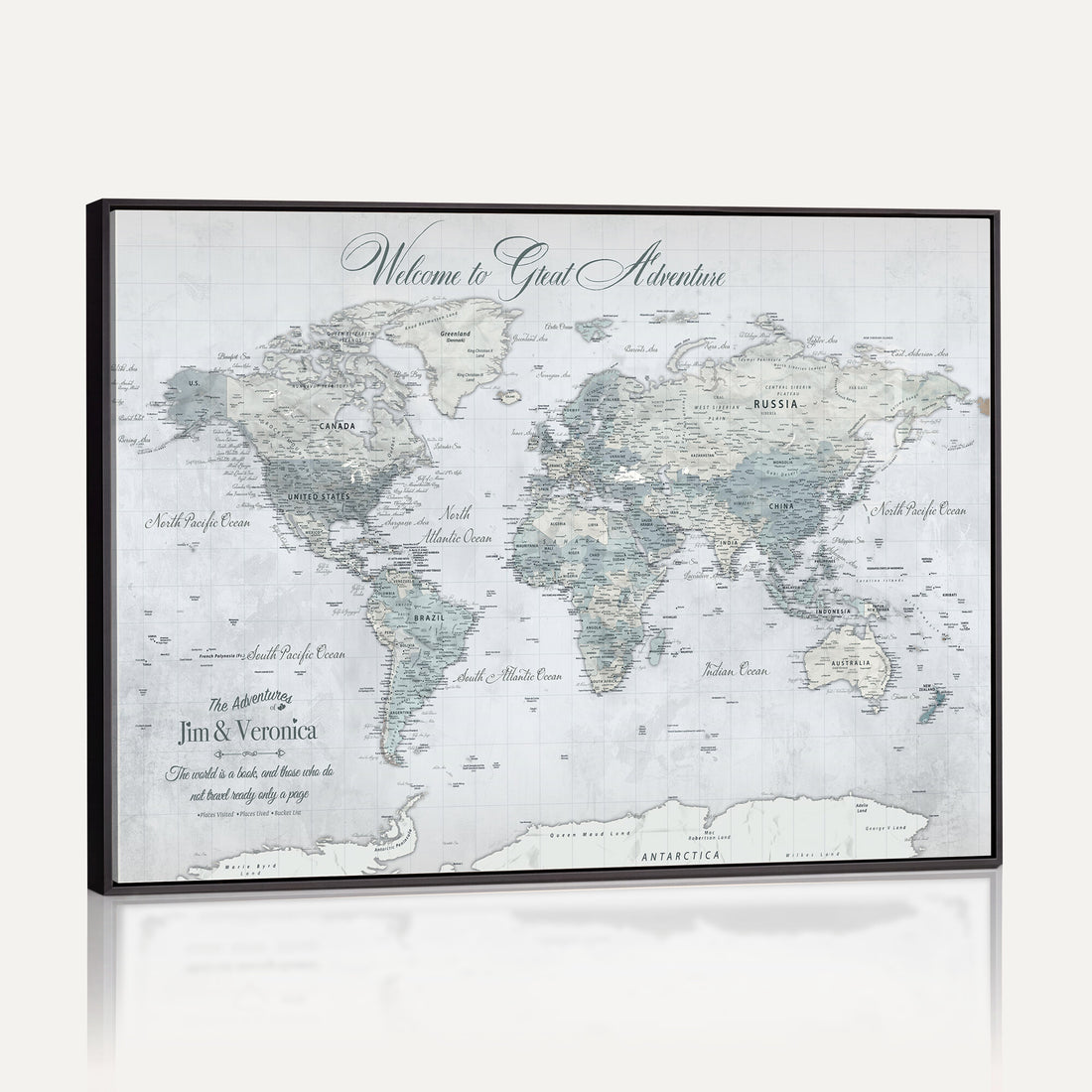 Personalized Beige Antique Push Pin World Map Canvas Print, Family Travel Tracker, Family Room and Entryway Decor