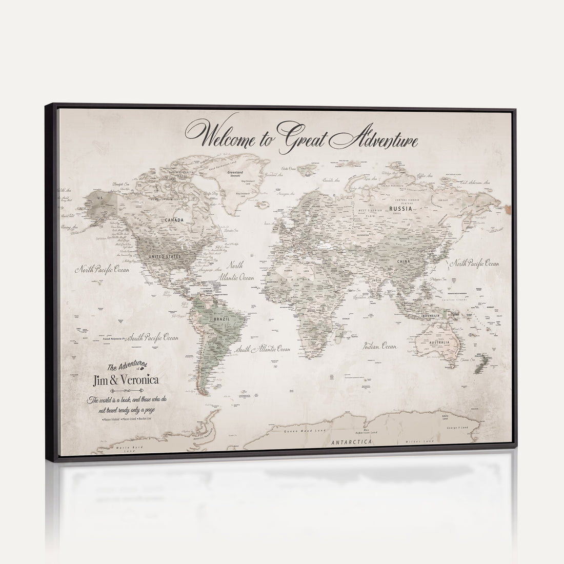Personalized Beige World Map Canvas with Push Pins, Places Visited Tracker, Family Room and Entryway Decor