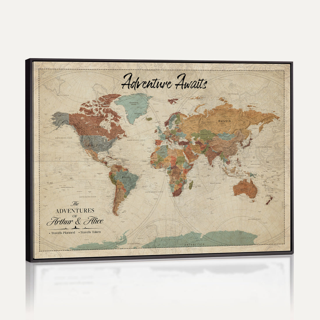 Custom Beige Push Pin World Map Canvas Print, Next Trip Planner Map, Family Room and Study Decor