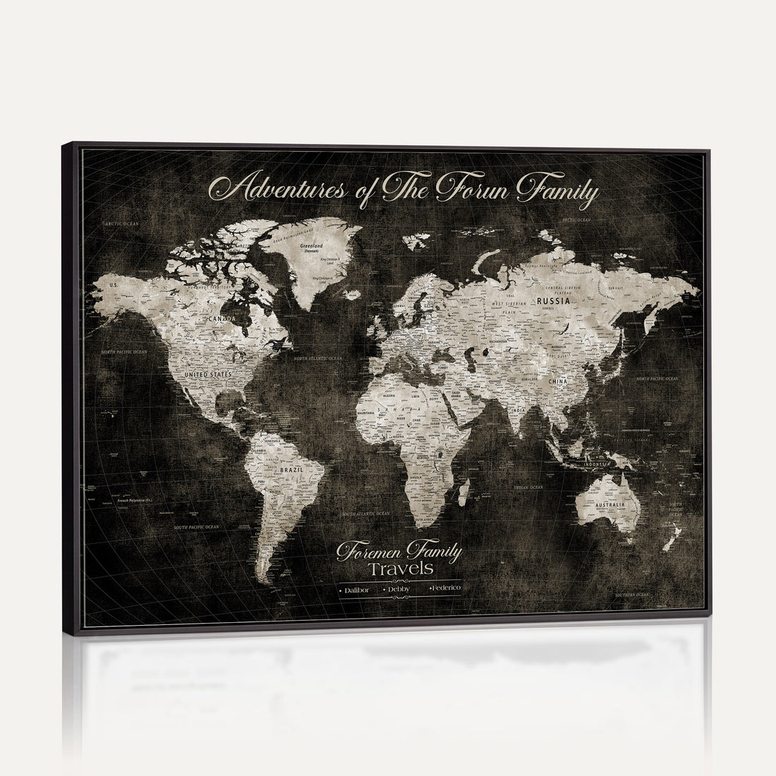 Personalized Framed Beige Push Pin World Map Canvas Print, Couples Countries Visited Map, Dining Room and Study Decor