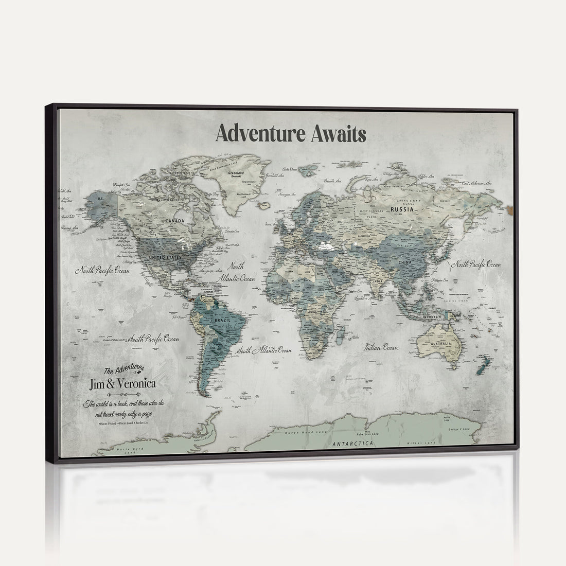 Personalized Framed Beige World Map Canvas with Push Pins, Places Visited Tracker, Bedroom and Entryway Decor