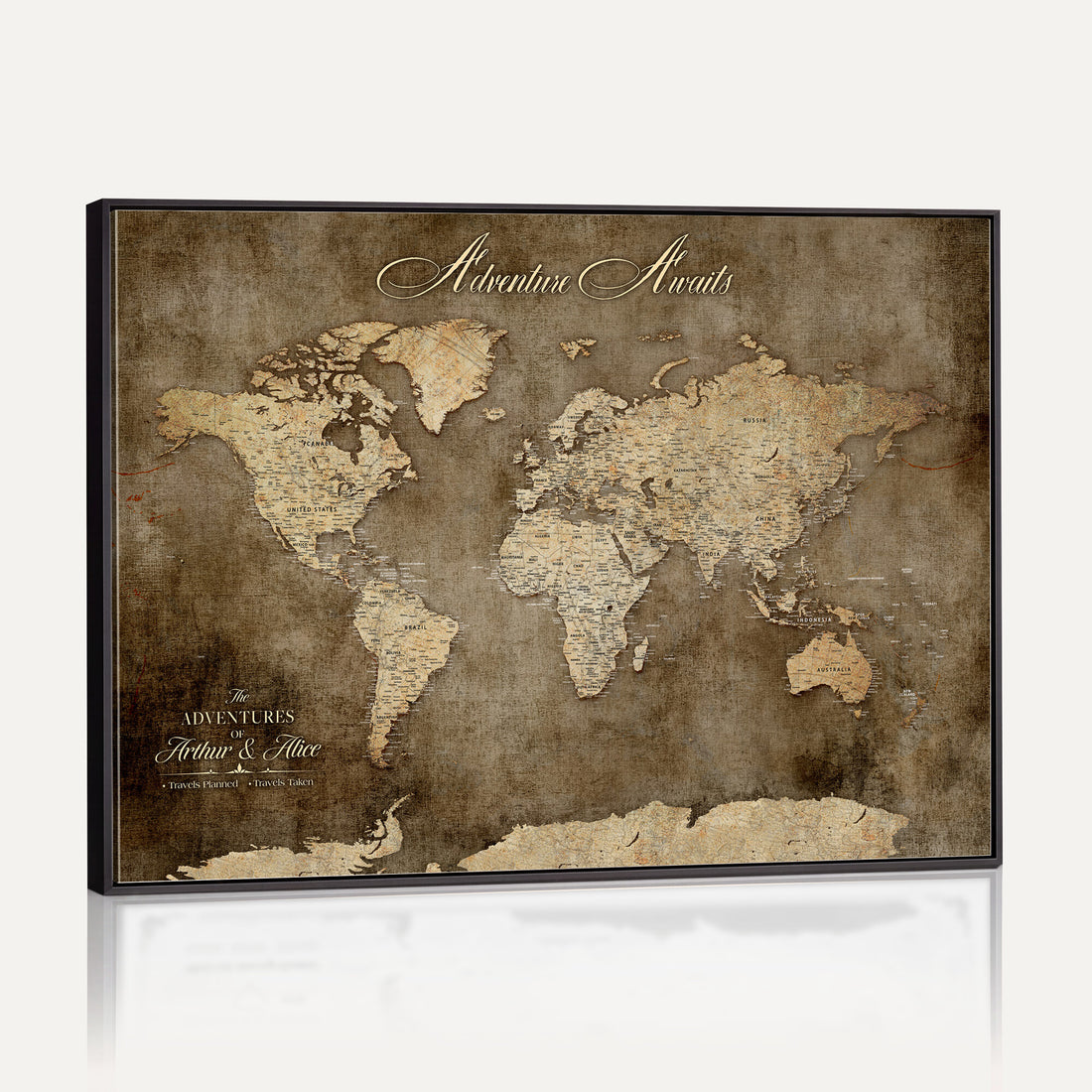 Personalized Framed Beige Push Pin Travel Map Canvas Print, Bucket List Map, Bedroom and Study Decor