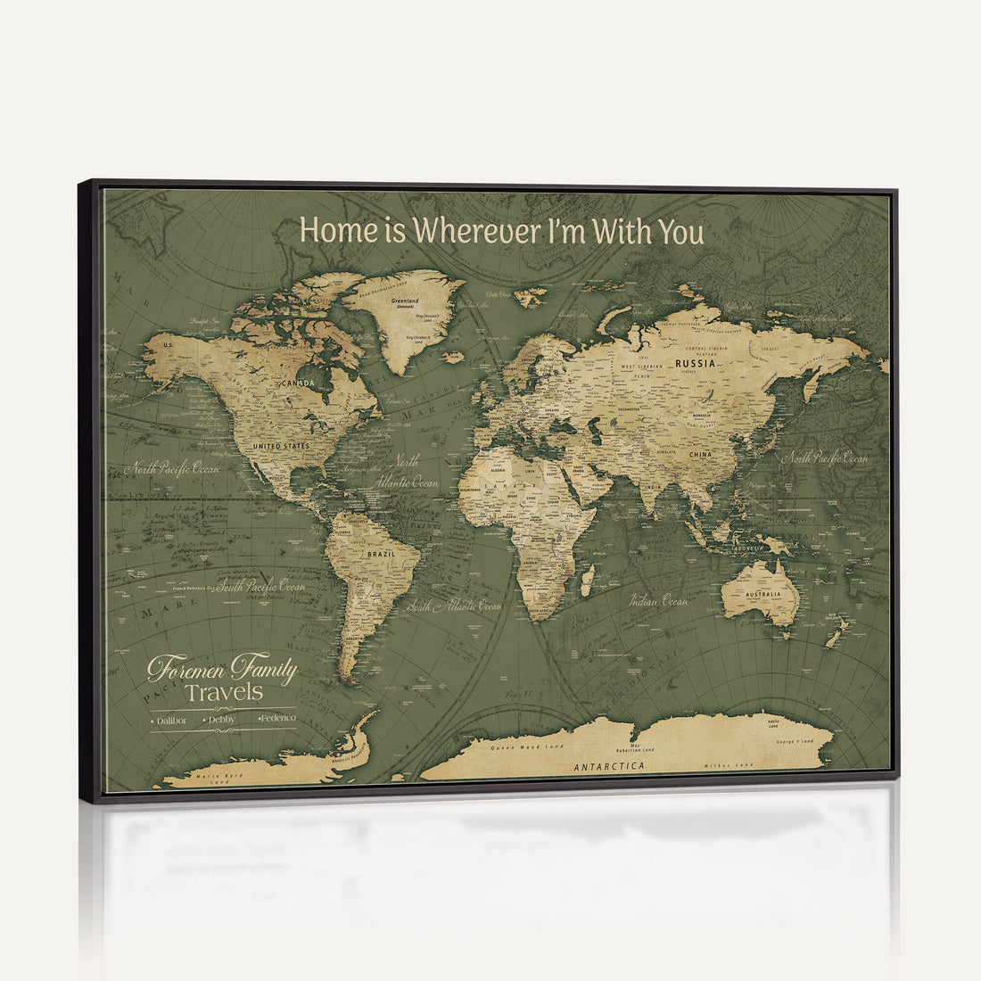 Personalized Framed Beige Geometric Push Pin World Map Canvas Print, Honeymoon and Anniversary Gift, Dining Room and Bedroom Decor