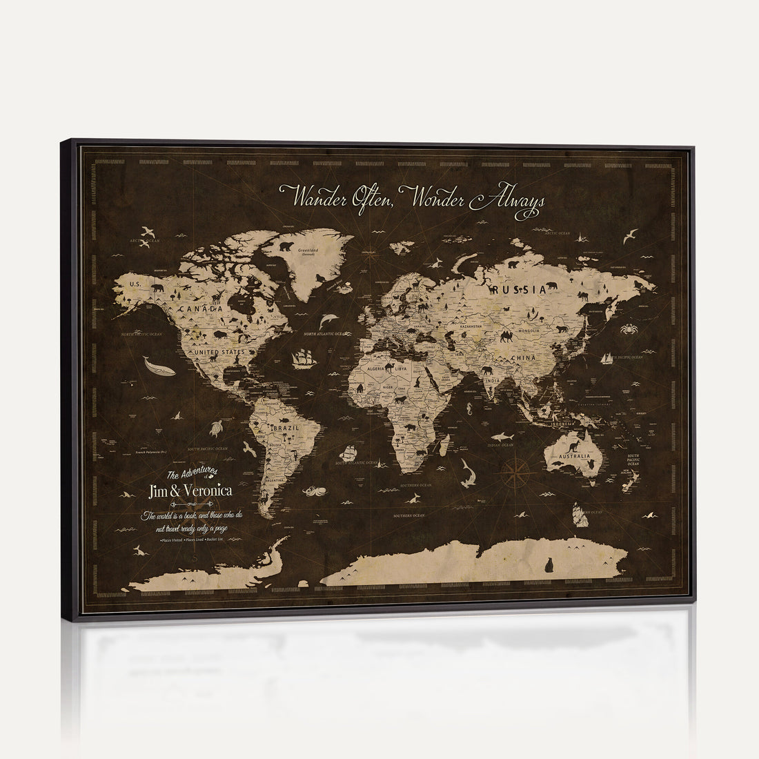 Personalized Framed Navy Modern Push Pin Travel Map Canvas Print, Places Visited Tracker, Living Room and Home Office Decor
