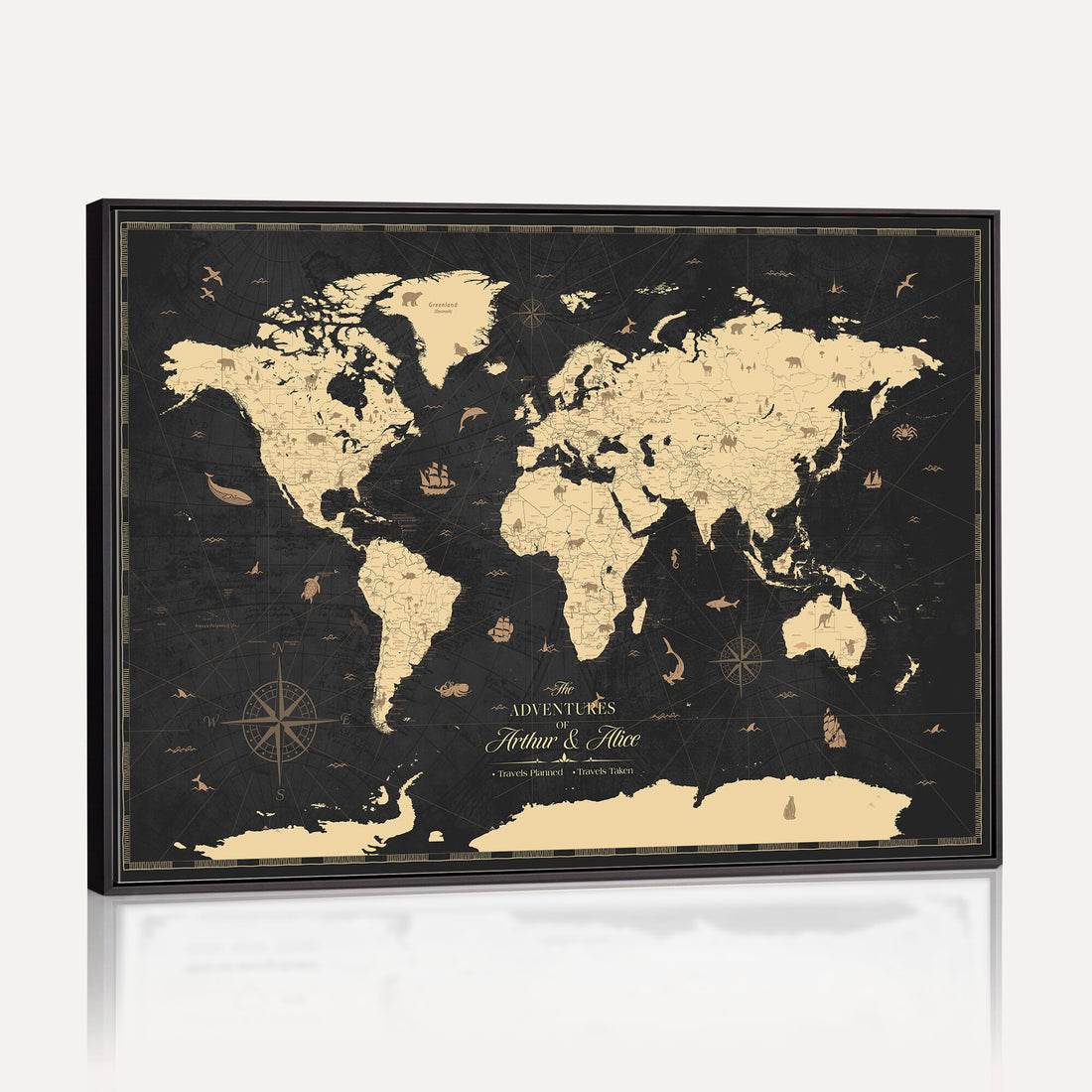 Beige Push Pin World Map Canvas Print, Places Visited Map, Home Office Decor