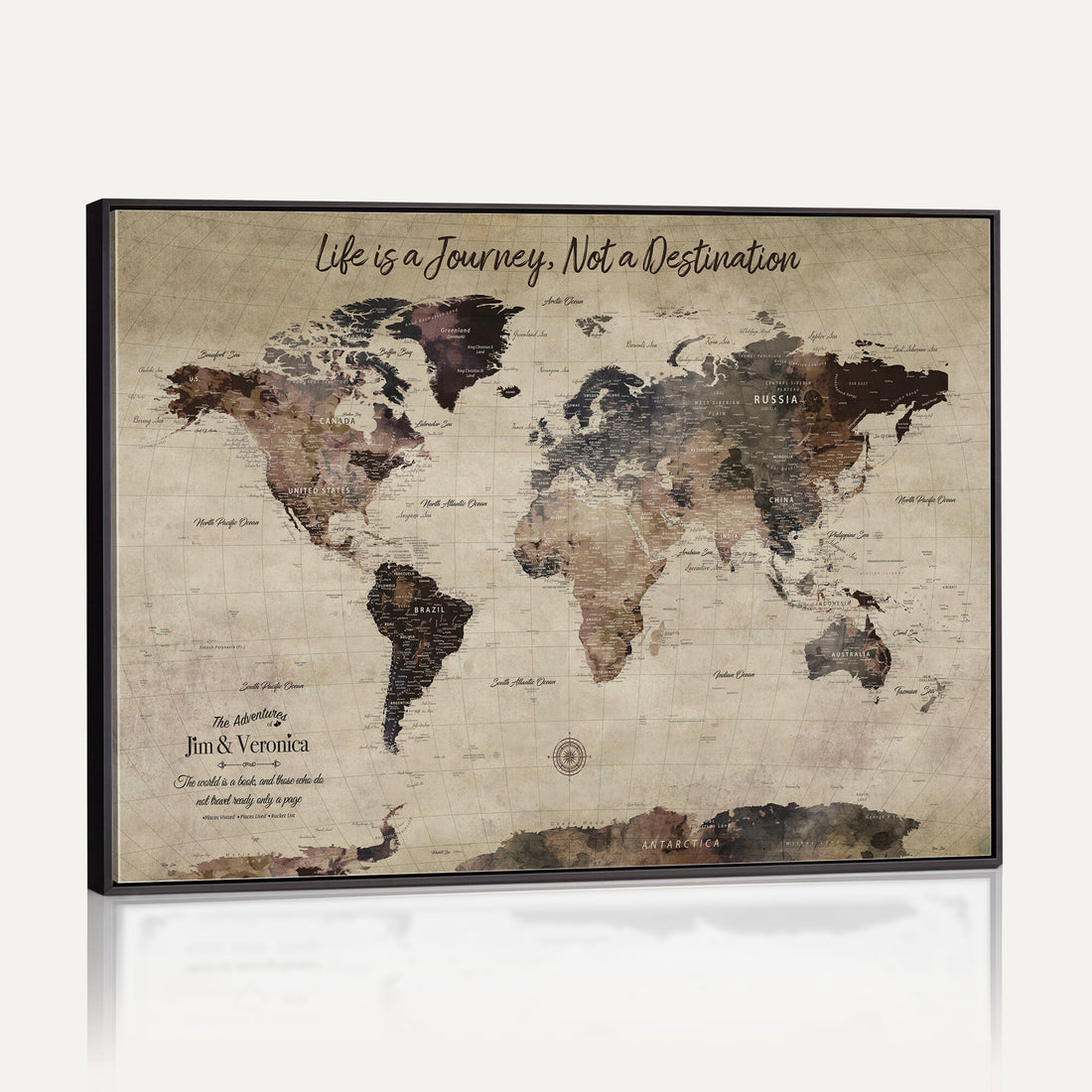 Custom Beige Vintage World Travel Map Wall Art with Pins, Bucket List Map, Bedroom and Hallway Decor