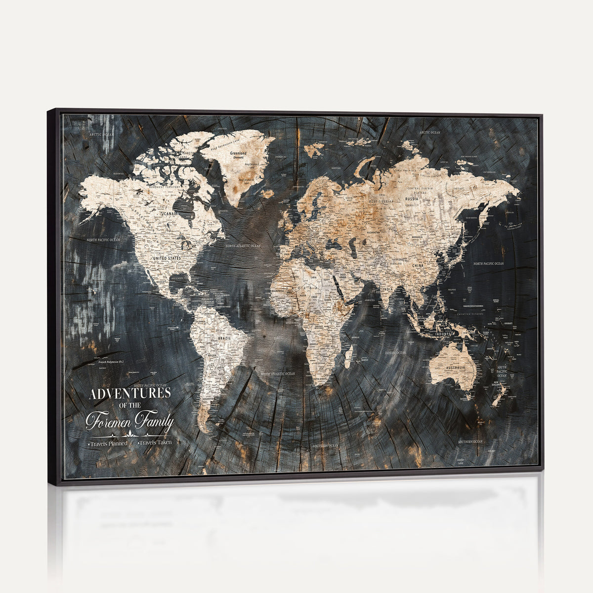 77865338-MGV-CV-36X24 - Personalized Framed Beige Push Pin World Map Canvas Print, Bucket List Map, Living Room and Hallway Decor
