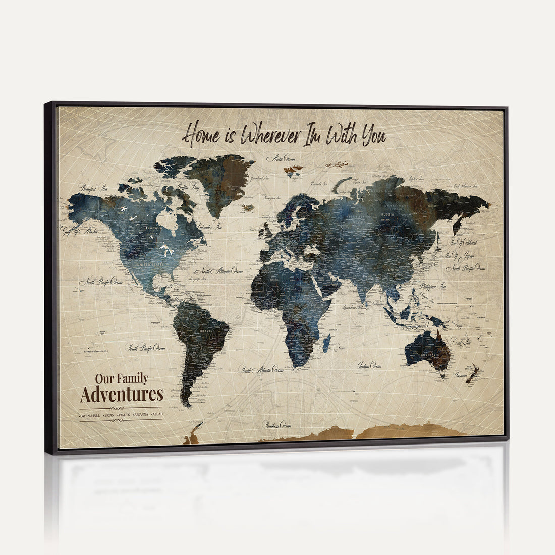 Personalized Framed Black Modern Push Pin Travel Map Canvas Print, Family Travel Tracker, Home Office and Entryway Decor