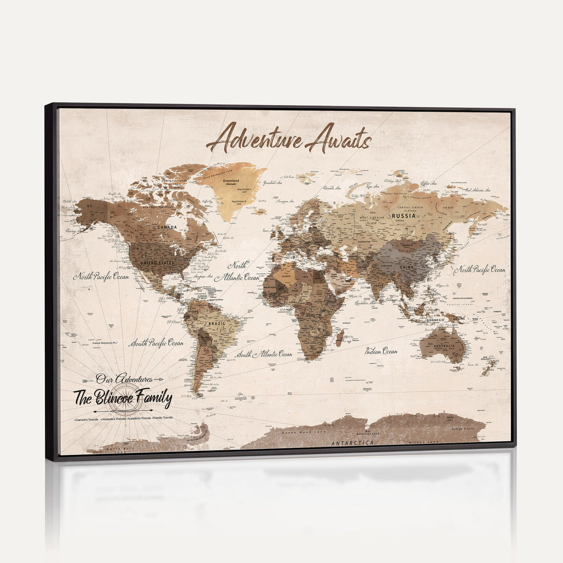 Custom Framed White Modern World Map Canvas with Push Pins, Places Visited Tracker, Dining Room and Entryway Decor