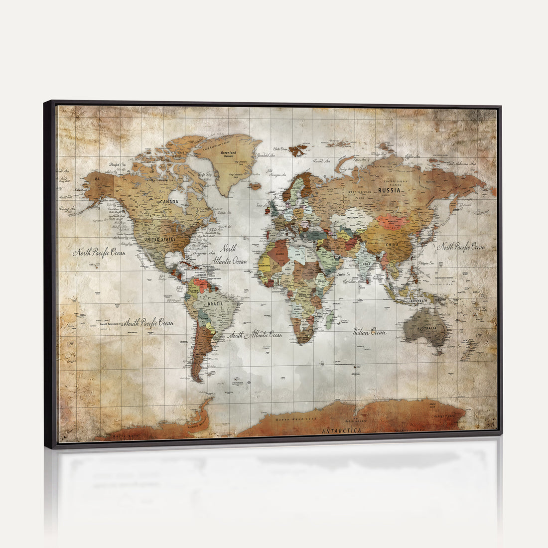 Custom Framed Modern Push Pin World Map Wall Art, Places Visited Tracker, Home Office and Entryway Decor