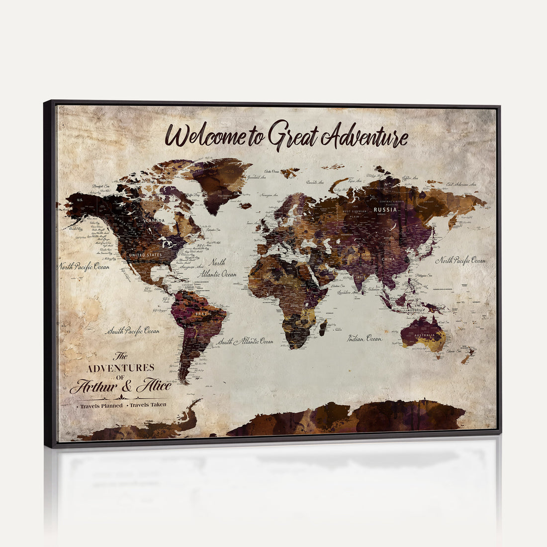 Custom Beige World Travel Map Wall Art with Pins, Places Visited Tracker, Family Room and Entryway Decor