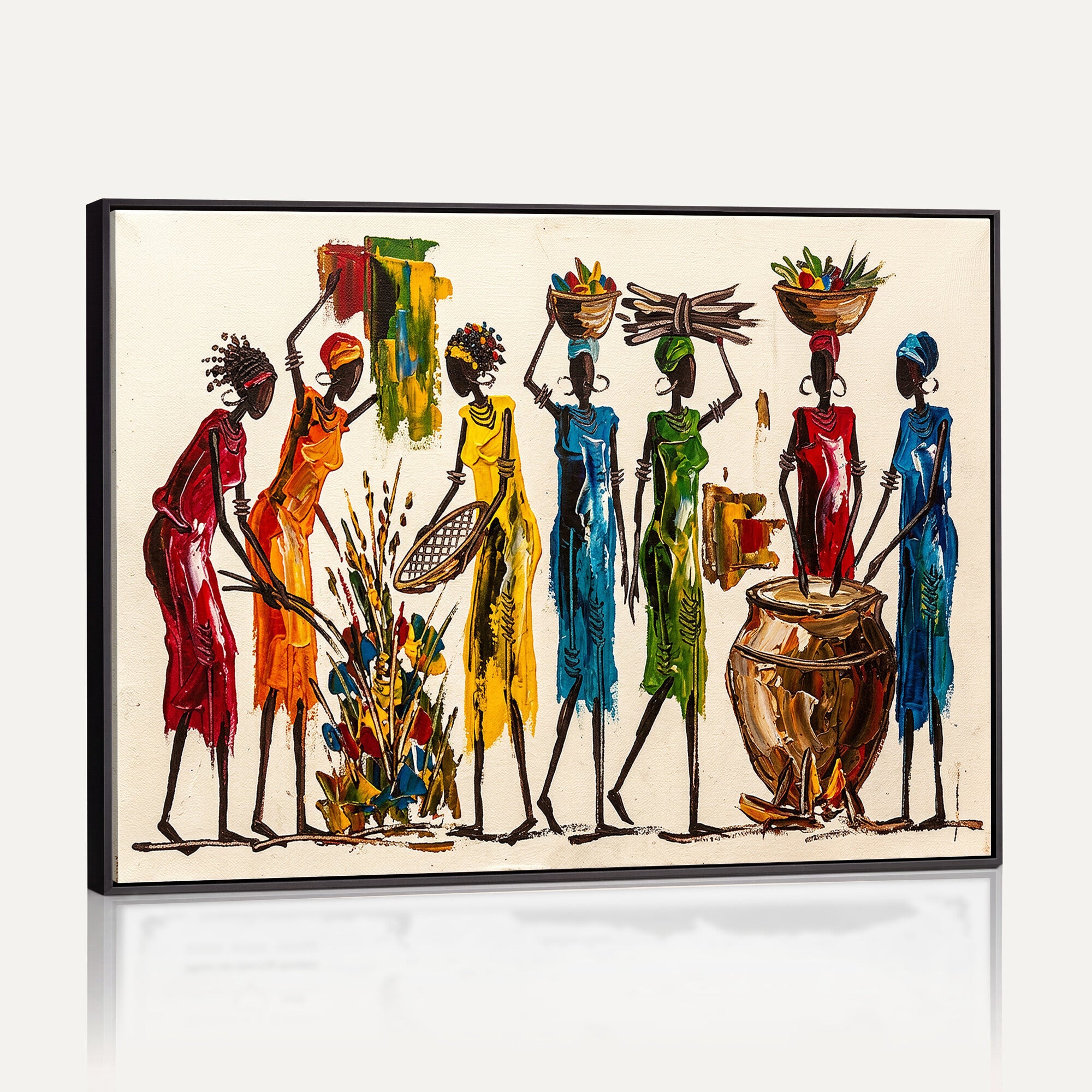 83463154-MGV-CV-36X24 - African Folk Art Canvas Wall Art, Colorful African Women Village Painting Print, Tribal Ethnic Home Decor, Vibrant African Art, Living Room