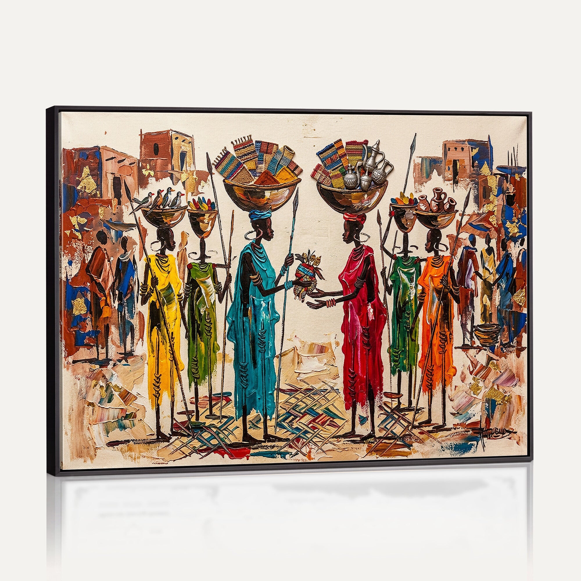 54818657-MGV-CV-36X24 - African Folk Art Canvas Wall Art, Colorful African Women Village Painting Print, Tribal Ethnic Home Decor, Vibrant African Art, Living Room