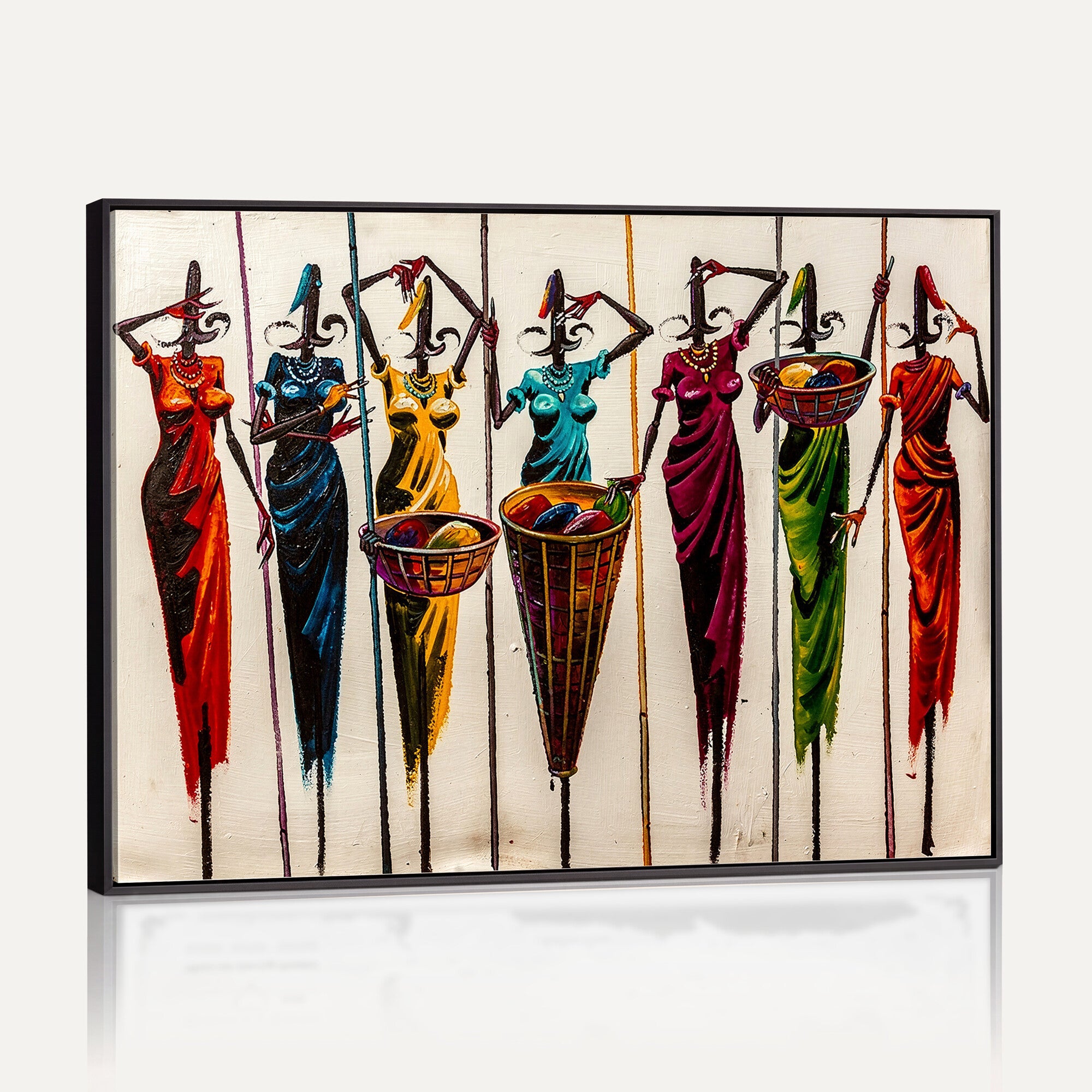 53545627-MGV-CV-36X24 - African Folk Art Canvas Wall Art, Colorful African Women Village Painting Print, Tribal Ethnic Home Decor, Vibrant African Art, Living Room