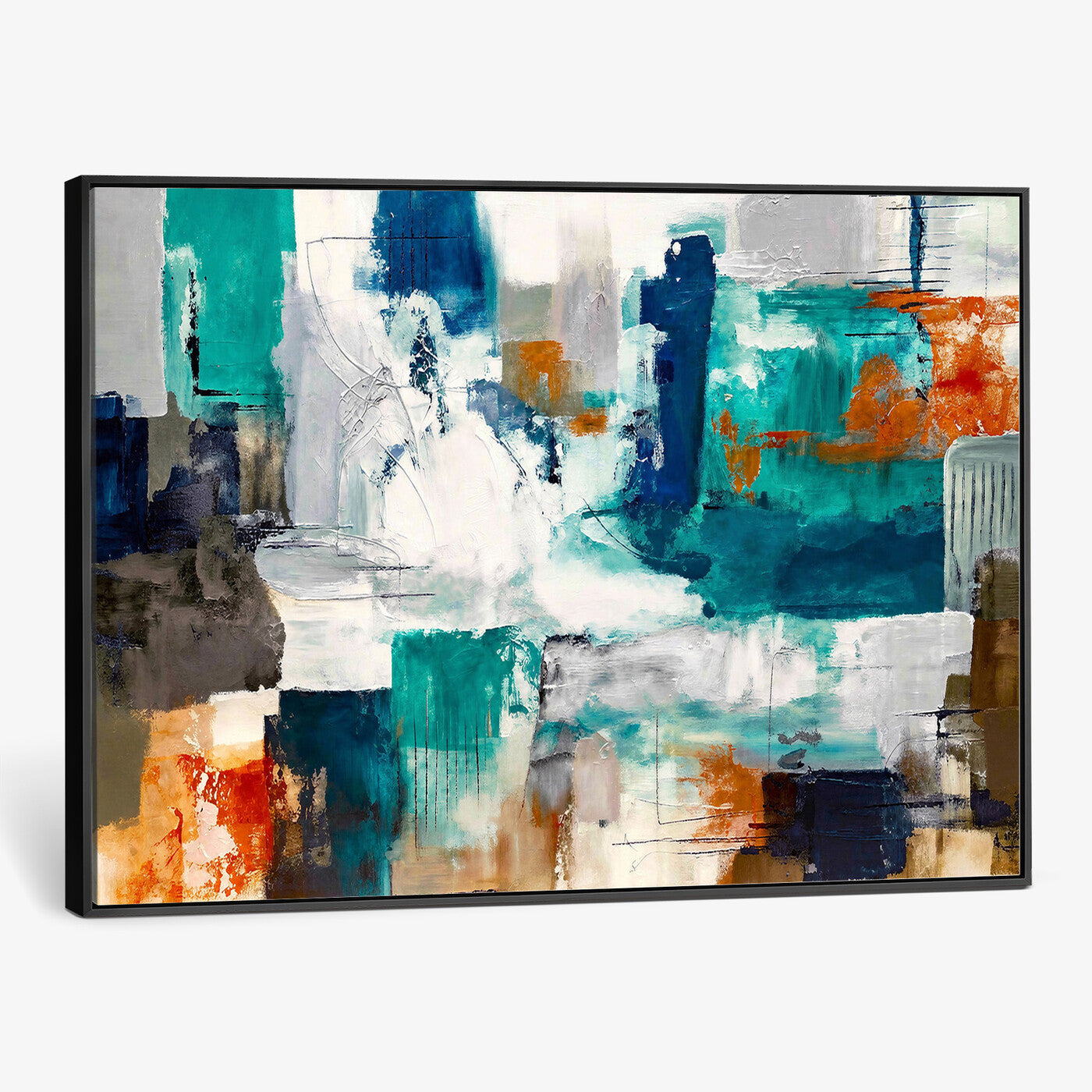44038089-MGV-CV-36X24 - Blue Teal Abstract Canvas Wall Art, Modern Textured Painting Print, Navy Orange White Contemporary Art, Neutral Living Room Decor, Office Art
