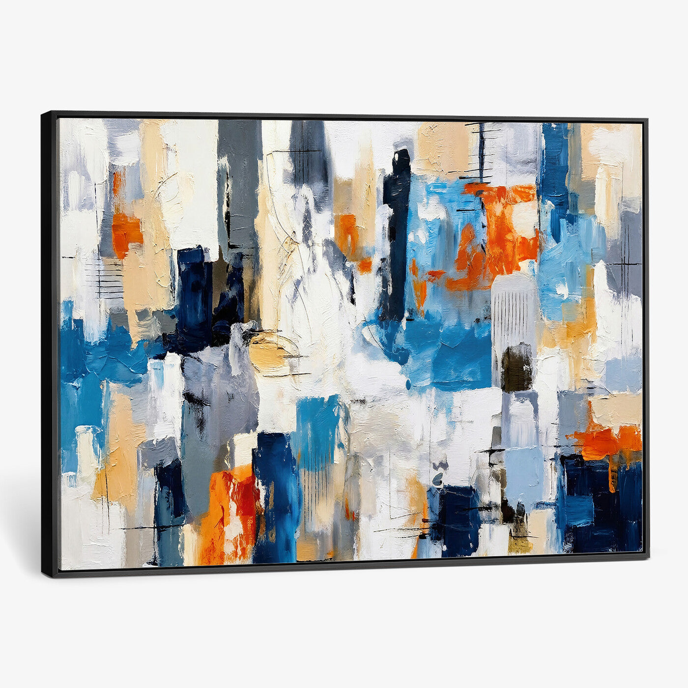 83915061-MGV-CV-36X24 - Blue Teal Abstract Canvas Wall Art, Modern Textured Painting Print, Navy Orange White Contemporary Art, Neutral Living Room Decor, Office Art