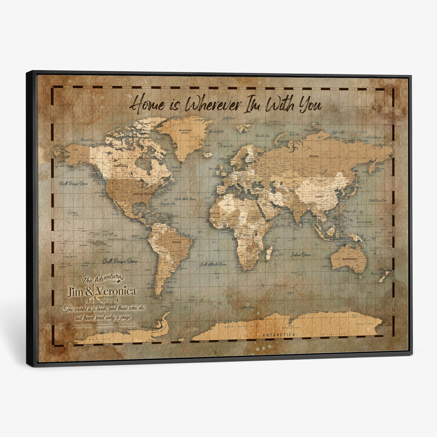 97123877-MGV-CV-36X24 - Vintage Custom Push Pin World Map Print - Vintage Travel Map Canvas, Personalized Names Anniversary Gift, Places Visited Pin Board