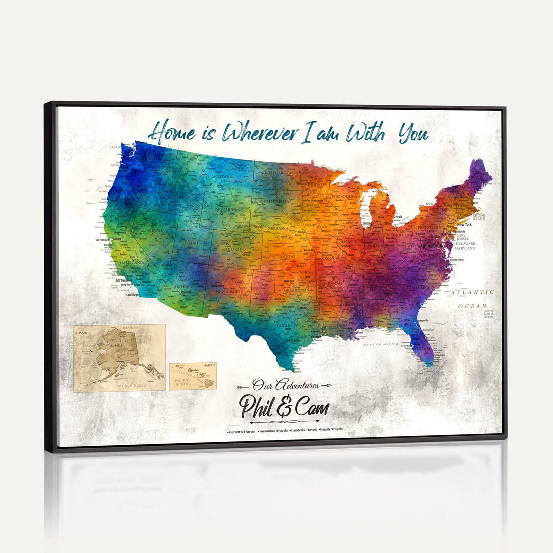 Personalized Watercolor Push Pin USA Map Canvas Print, 50 States Road Trip Tracker, Entryway and Hallway Decor