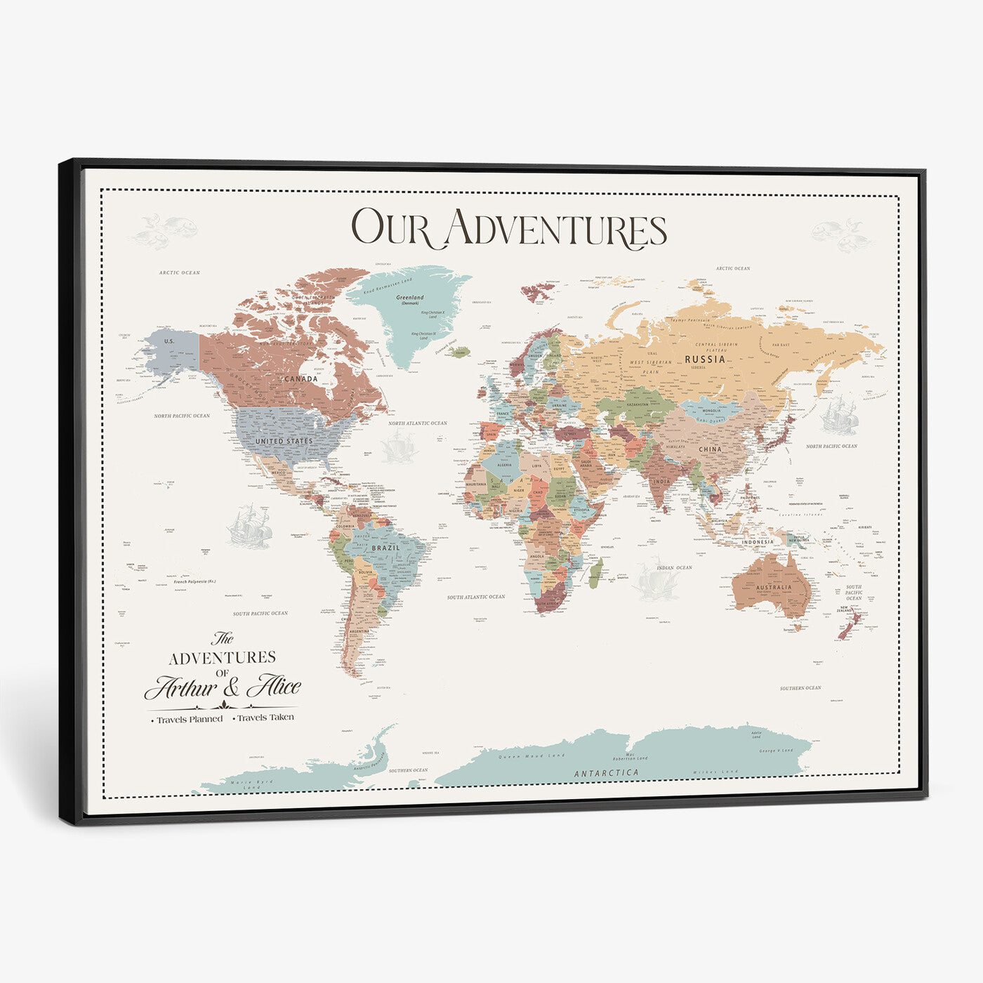 NEWMAP-4-MGV-CV-36X24 - Push Pin Customize World Map with Pins Board Wall Art Canvas Print