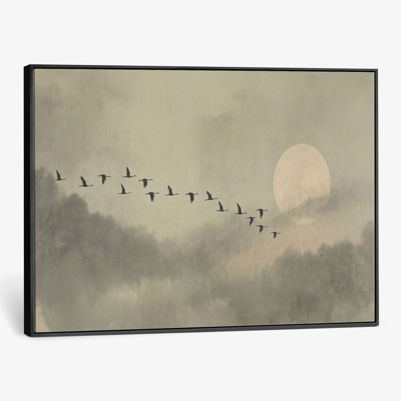 12098149-MGV-CV-36X24 - Flock of Birds Flying to Full Moon Wall Art Canvas Print - Vintage Surreal Clouds Painting