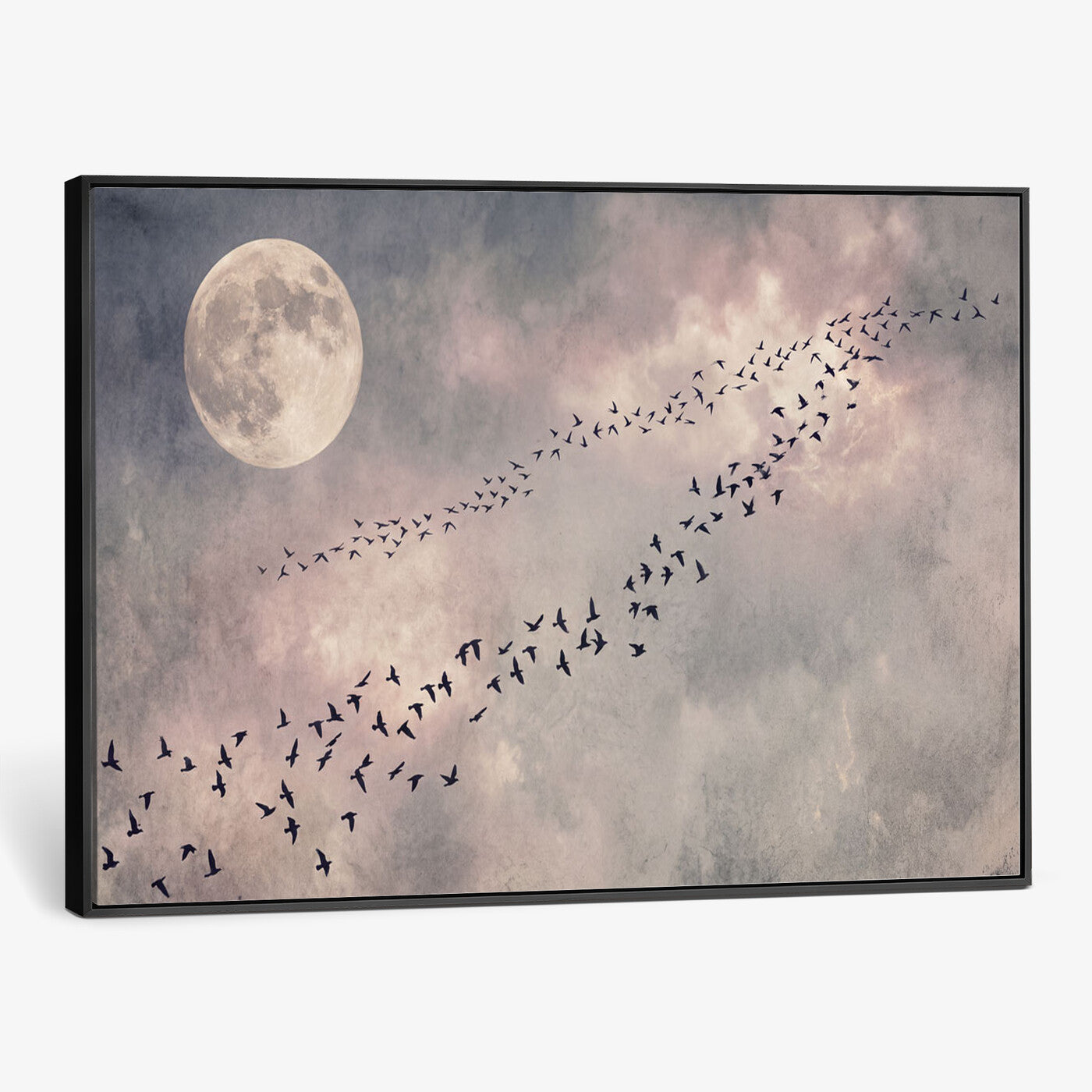 52339590-MGV-CV-36X24 - Birds Flying to Moon Wall Art Canvas Print - Vintage Surreal Night Sky Sky Print