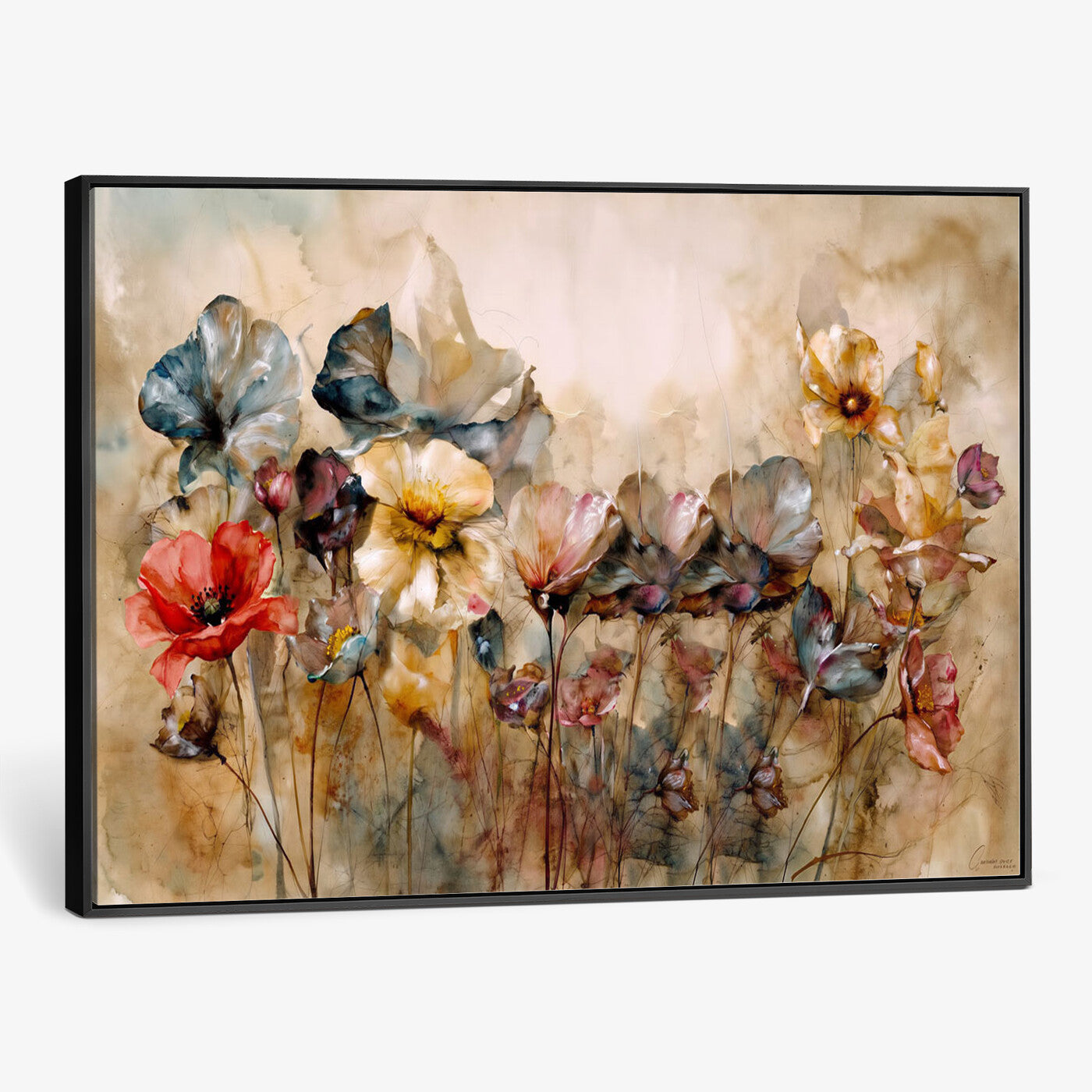 11407233-MGV-CV-36X24 - Vintage Dried Floral Meadow Wall Art Canvas Print, Translucent Watercolor Flowers Painting Print