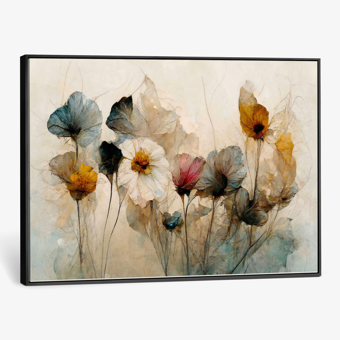 86802229-MGV-CV-36X24 - Vintage Dried Floral Meadow Wall Art Canvas Print, Translucent Watercolor Flowers Painting Print