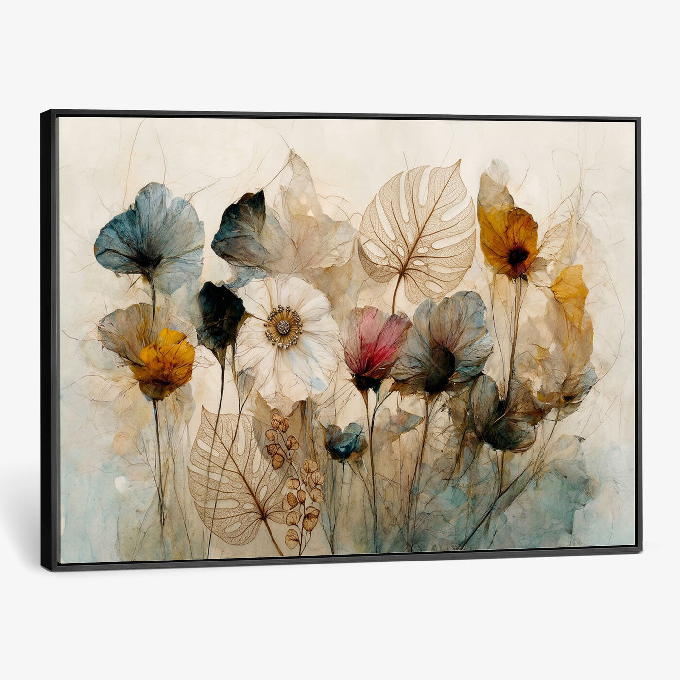93171612-MGV-CV-36X24 - Vintage Dried Floral Meadow Wall Art Canvas Print, Translucent Watercolor Flowers Painting Print