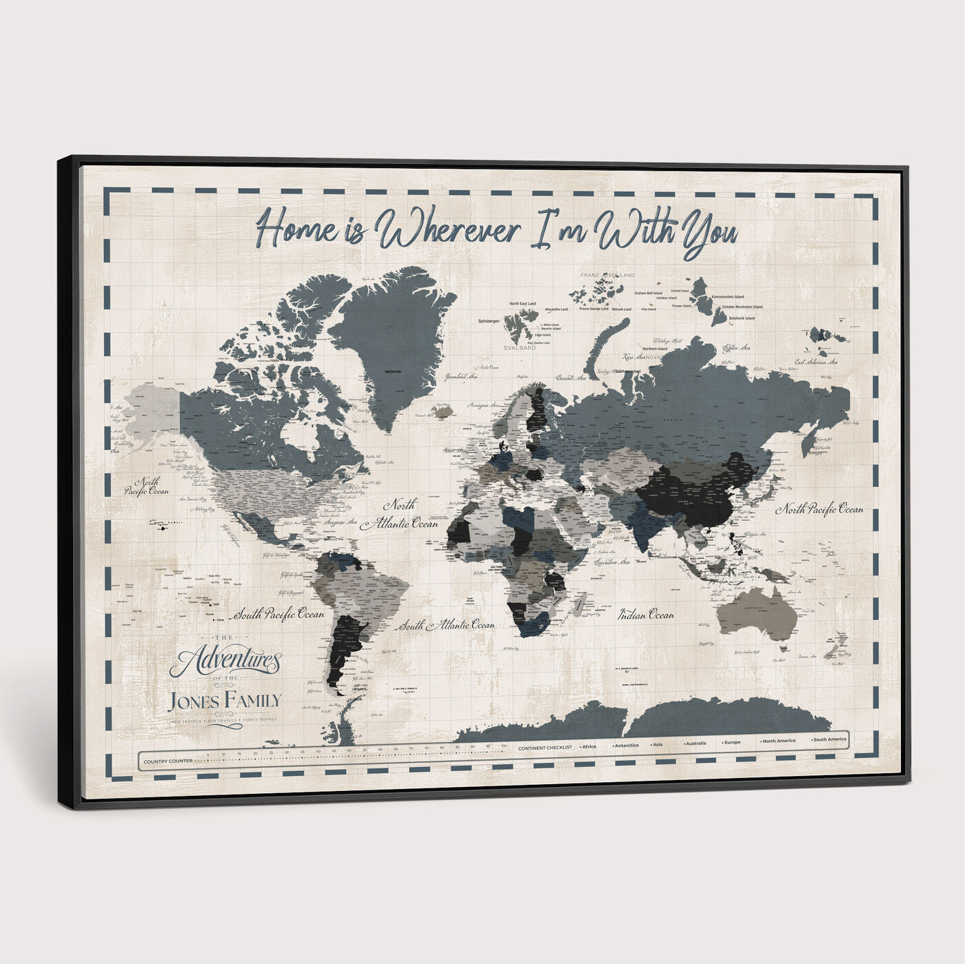 400867164-MGV-CV-36X24 - Framed Blue Custom Push Pin World Map Canvas Print – Personalized Travel Map Wall Art