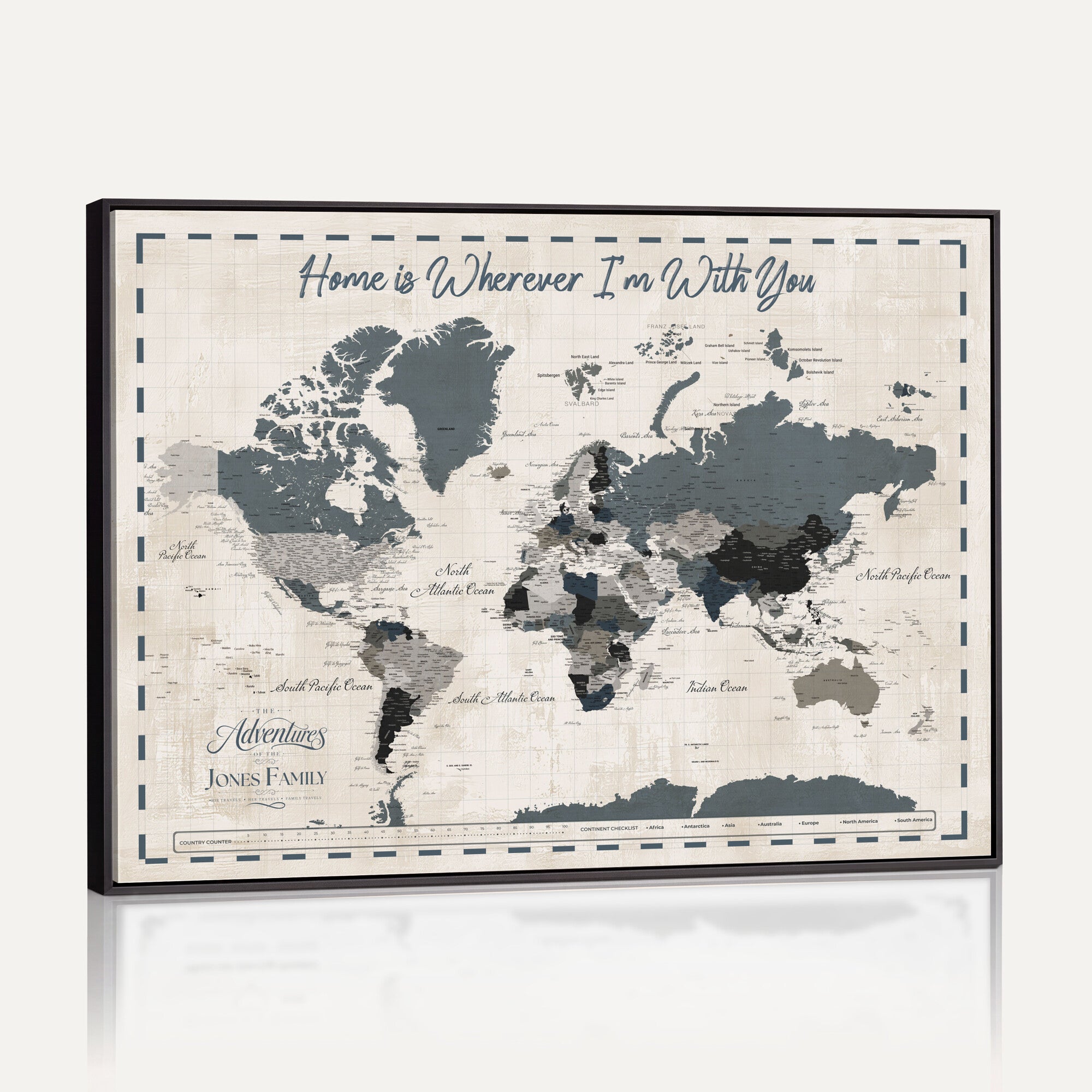 400867164-MGV-CV-36X24 - Framed Blue Custom Push Pin World Map Canvas Print – Personalized Travel Map Wall Art