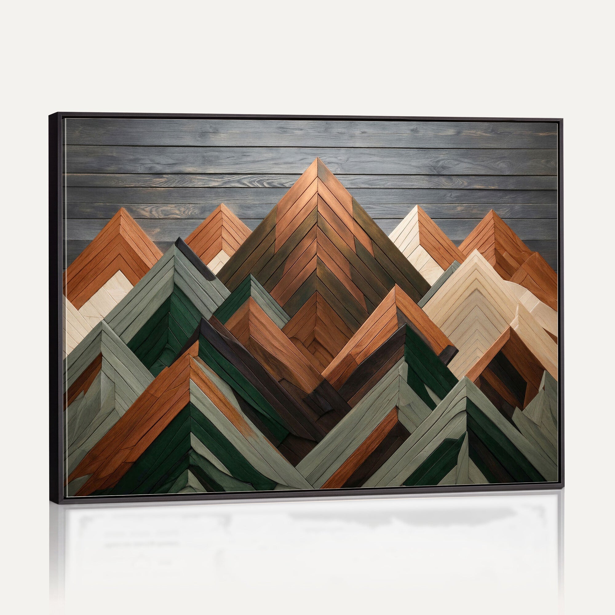 84617347-MGV-CV-36X24 - Geometric Wood Mountain Wall Art Canvas Print, 3D Look Rustic Mosaic Landscape Print