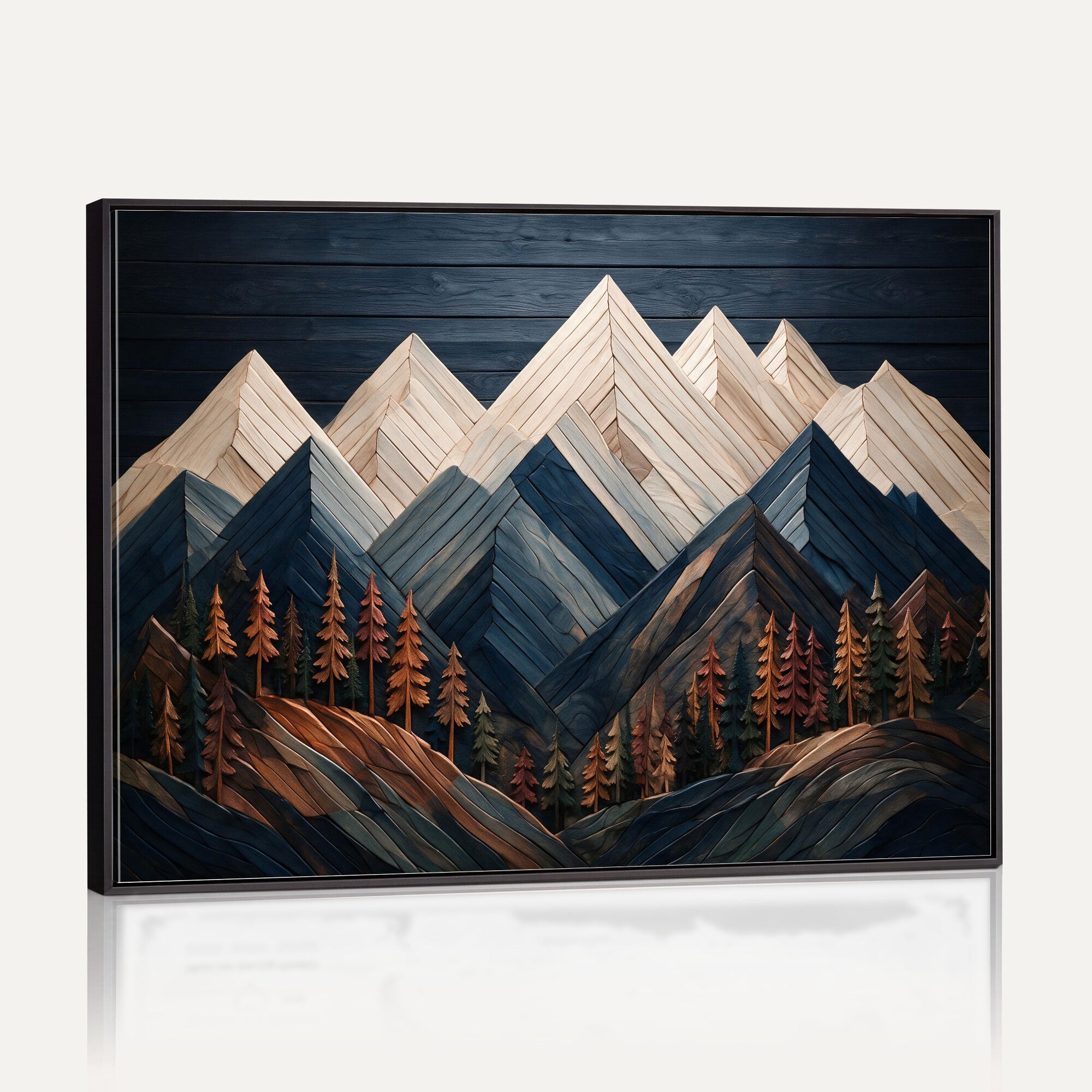 87765072-MGV-CV-36X24 - Geometric Wood Mountain Wall Art Canvas Print, 3D Look Rustic Mosaic Landscape Print