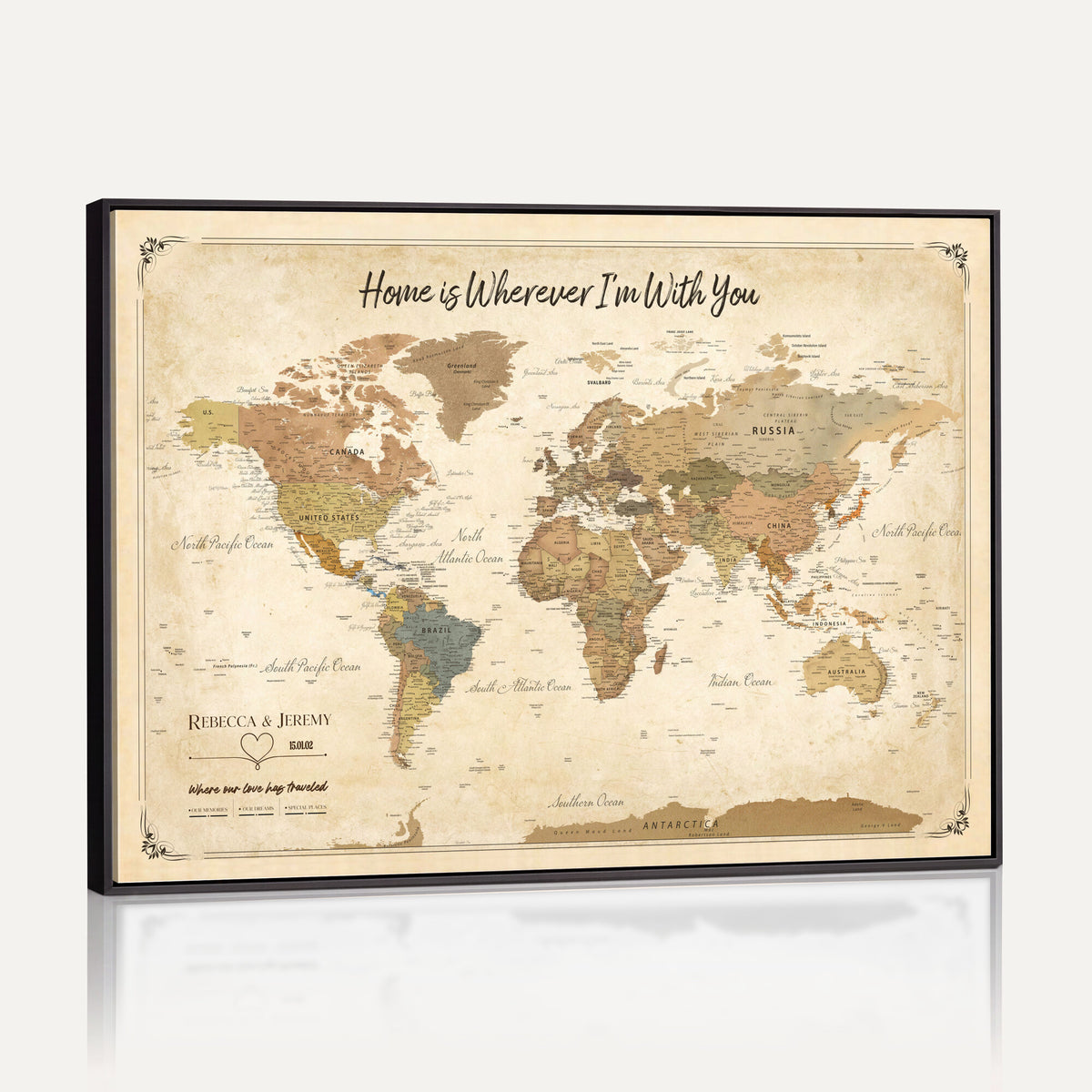 40086165SP-MGV-CV-36X24 - Custom Push Pin Travel Map Canvas Print, Cream Personalized Travel Tracker Map, Anniversary Gift, Vintage World Map Wall Art