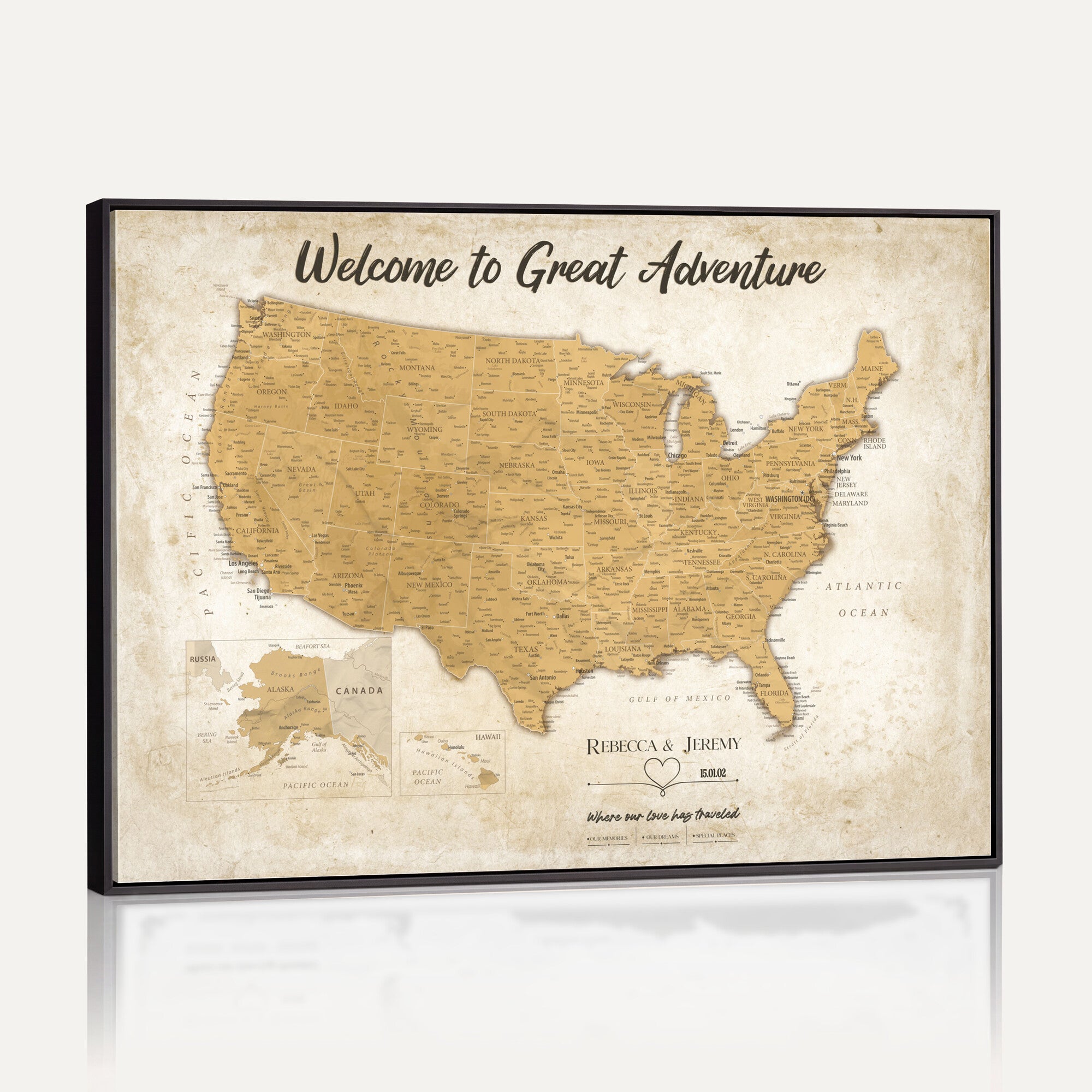 81437082-MGV-CV-36X24 - Custom Push Pin Travel USA Map Canvas Print, Cream Personalized Travel Tracker America Map, Anniversary Traveler Gift