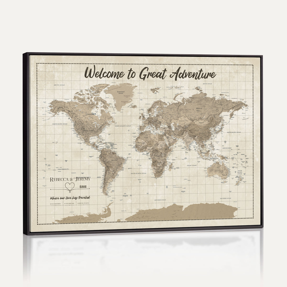 51180020-MGV-CV-36X24 - Custom Push Pin Travel Map Canvas Print, Cream Personalized Travel Tracker Map, Anniversary Gift, Vintage World Map Wall Art