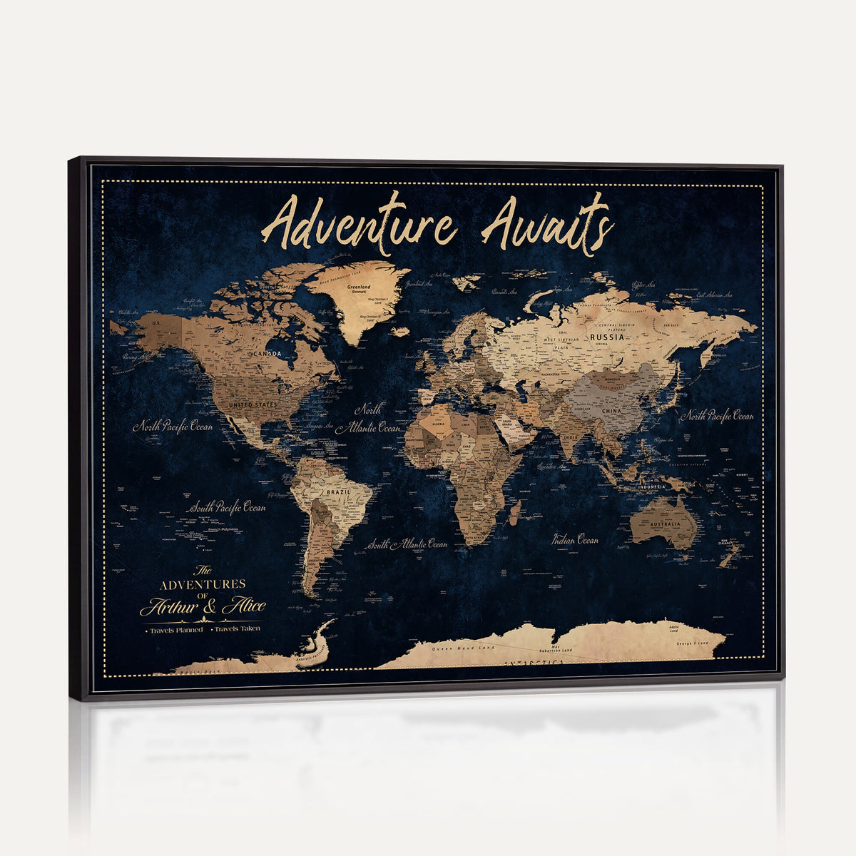 57167164-MGV-CV-36X24 - Custom Push Pin Travel Map Canvas Print, Navy Blue Personalized Travel Tracker Map, Anniversary Gift, Vintage World Map Wall Art