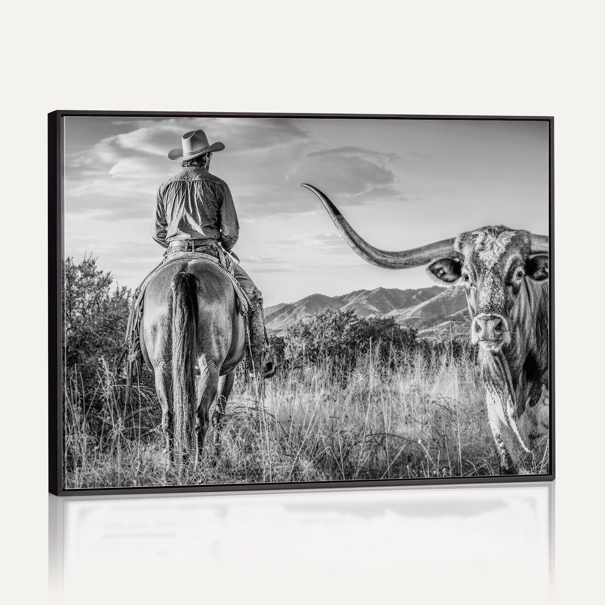 62076449WB-MGV-CV-36X24 - Texas Cowboy and Longhorn Bull Print for Western Wall Art Decor for Farmhouse