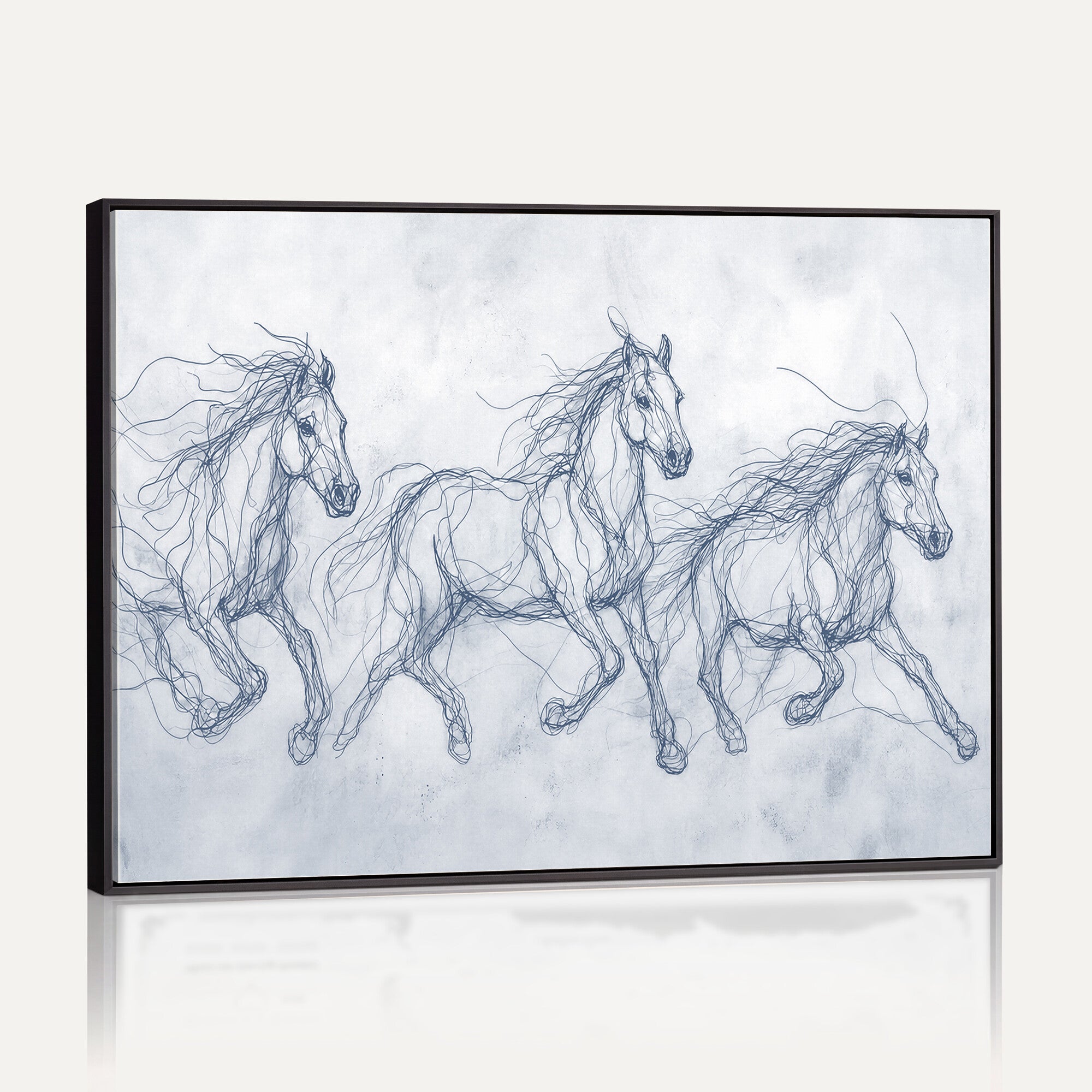41163601-MGV-CV-36X24 - Indigo Blue Horse Line Art Canvas, Steel Grey Wild Horses Print, Abstract Navy Scribble Artwork, Modern Slate Equine Wall Decor, Coastal Ranch Gift