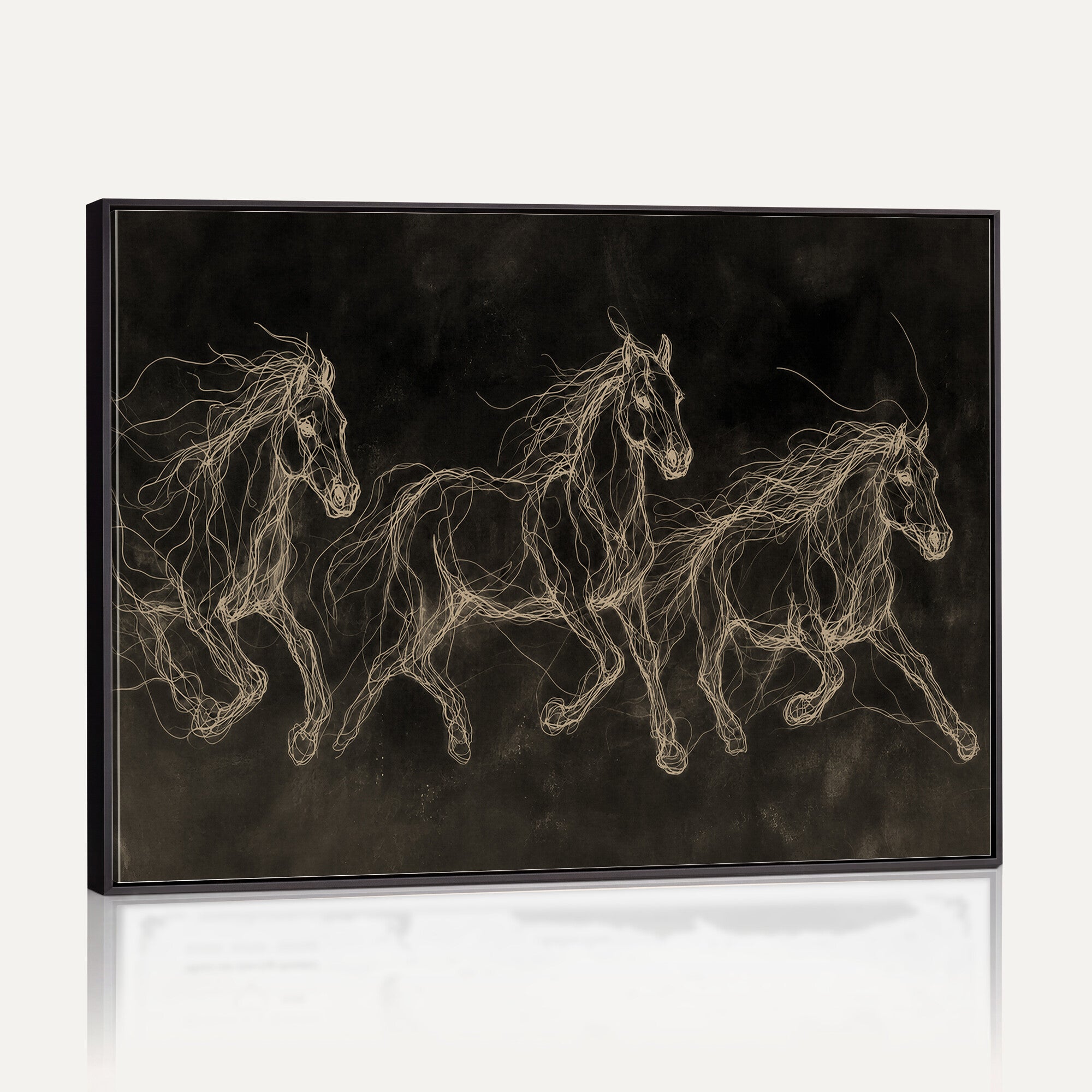 15344242-MGV-CV-36X24 - Dark Horse Line Art Canvas, Gold Scribble Wild Horses Print, Black Chalkboard Wall Art, Modern Luxury Equine Decor, Masculine Office Gift