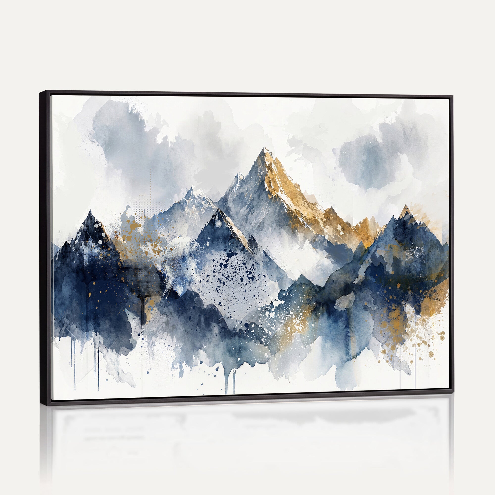 87460616-MGV-CV-36X24 - Abstract Mountain Canvas Wall Art, Blue Gold Foil Landscape Print, Modern Indigo Watercolor Poster, Large Abstract Nature, Luxury Office Gift