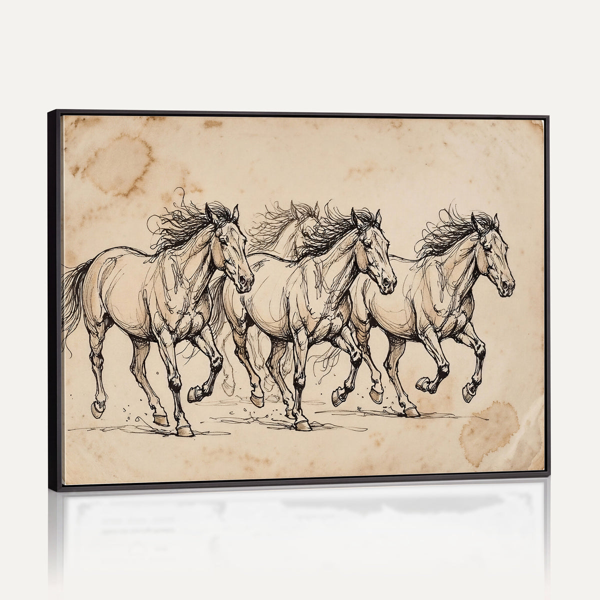 18242163-MGV-CV-36X24 - Vintage Horse Sketch Canvas Wall Art, Wild Horses Pencil Drawing Print, Antique Parchment Western Decor, Equine Sketching, Country Manor Gift