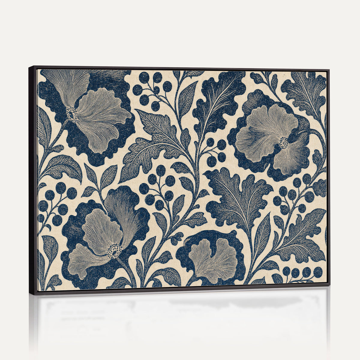23824002-MGV-CV-36X24 - William Morris Style Navy Blue Floral Wall Art Canvas Print, Vintage Cream Botanical Painting Print