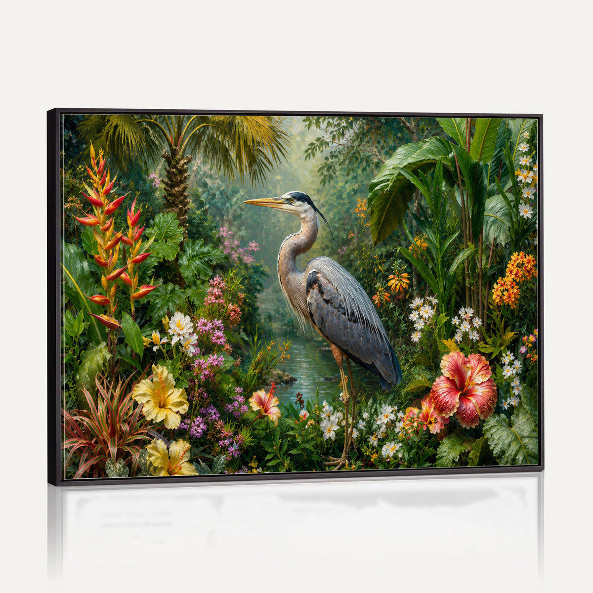 81059387-MGV-CV-36X24 - Great Blue Heron Tropical Jungle Wall Art Canvas Print, Exotic Botanical Garden Painting Print