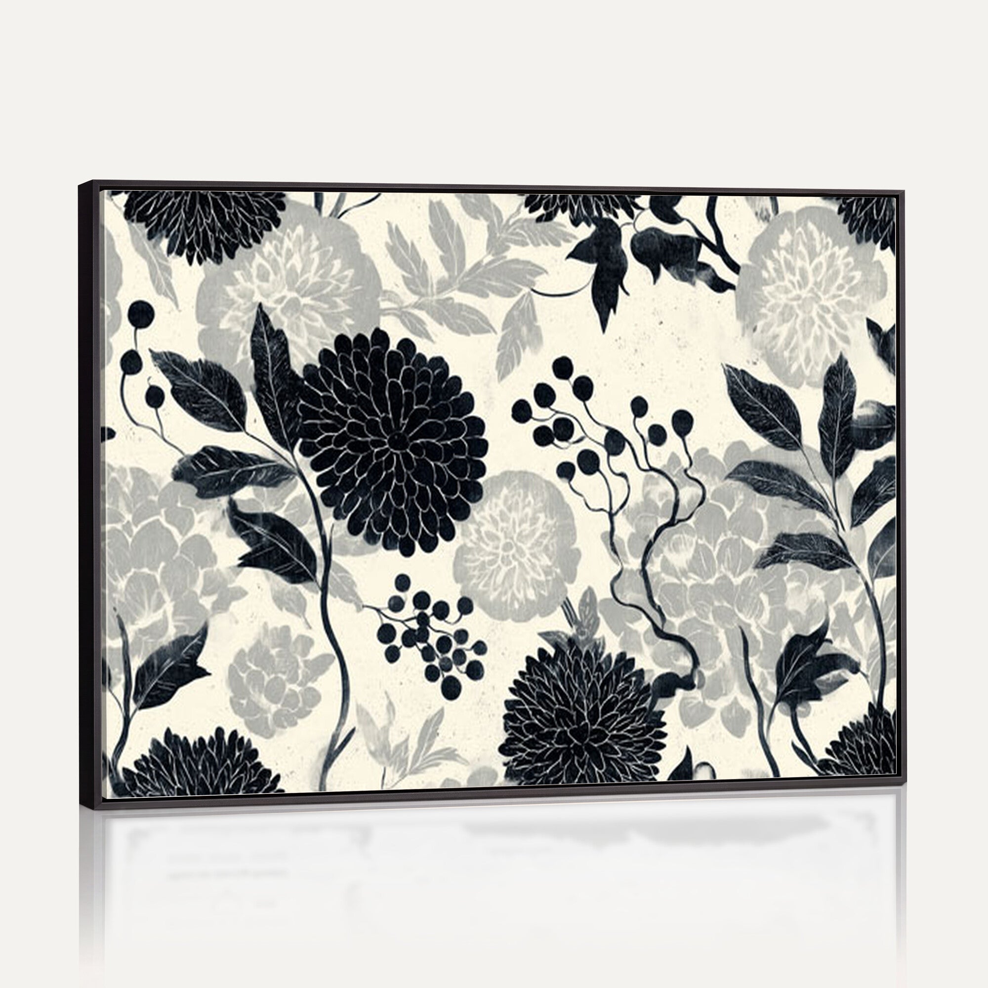 61524791-MGV-CV-36X24 - Vintage Black Chrysanthemum Wall Art Canvas Print, Monochrome Dhalia Floral Painting Print
