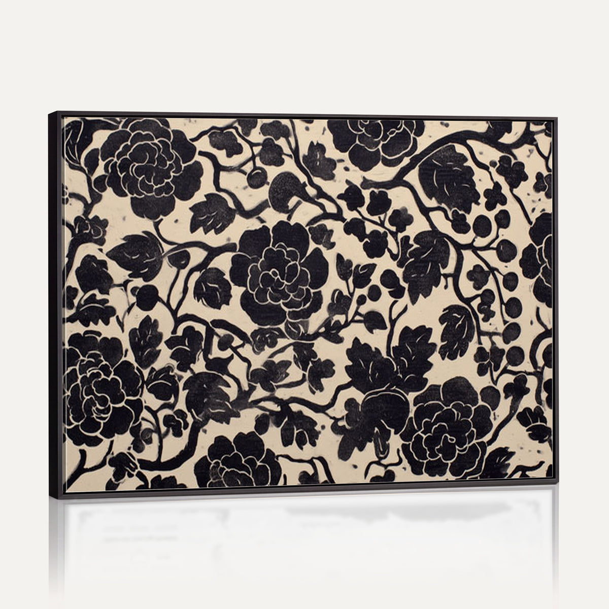 86696255-MGV-CV-36X24 - Vintage Black and Cream Floral Wall Art Canvas Print, Chinoiserie Botanical Painting Print
