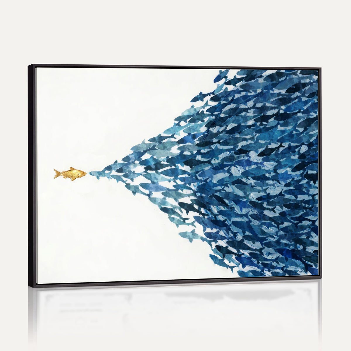 79089639-MGV-CV-36X24 - Abstract Blue Fish School Canvas Wall Art, Gold Foil Accent Marine Print