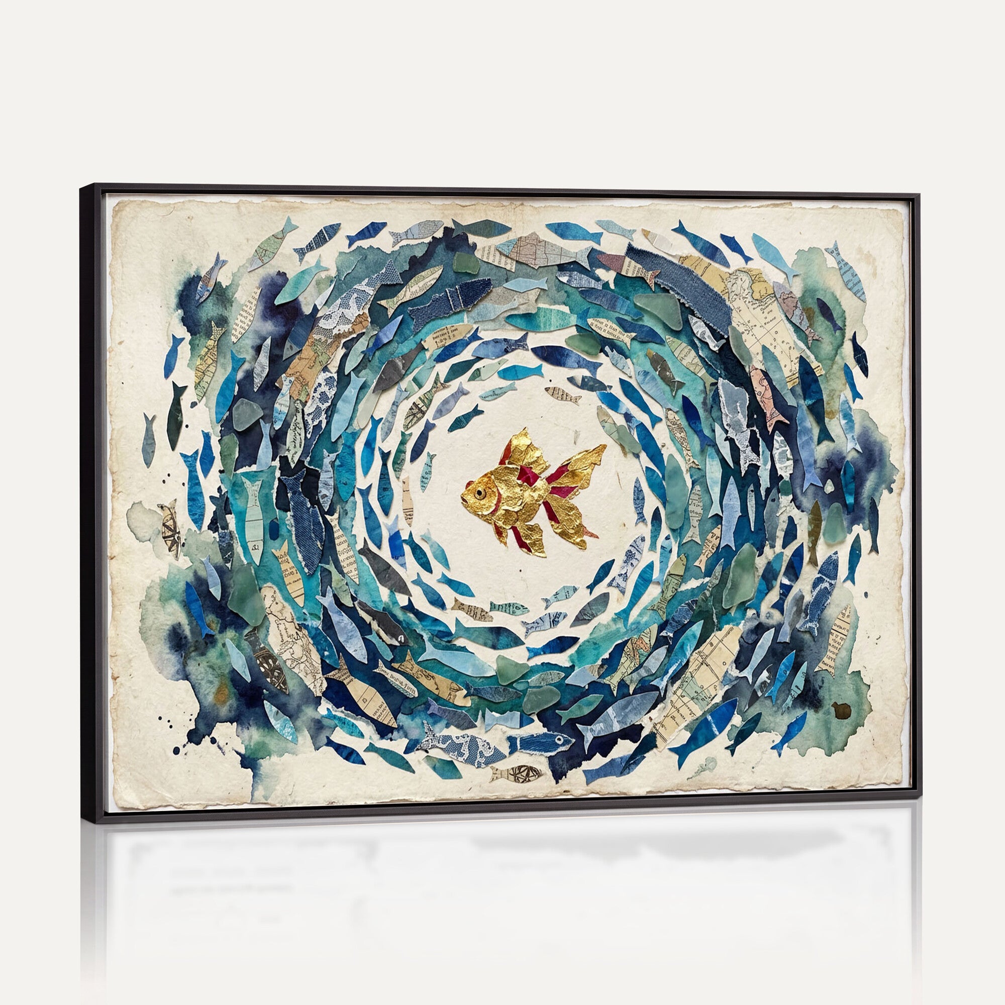 73165663-MGV-CV-36X24 - Mixed Media Blue Fish Swirl Canvas Wall Art, Goldfish Collage Ocean Print
