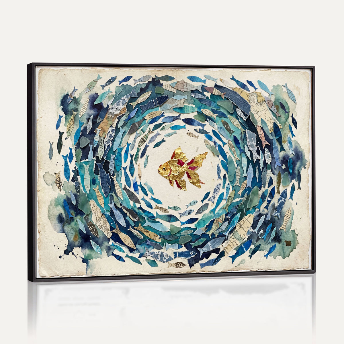 73165663-MGV-CV-36X24 - Mixed Media Blue Fish Swirl Canvas Wall Art, Goldfish Collage Ocean Print