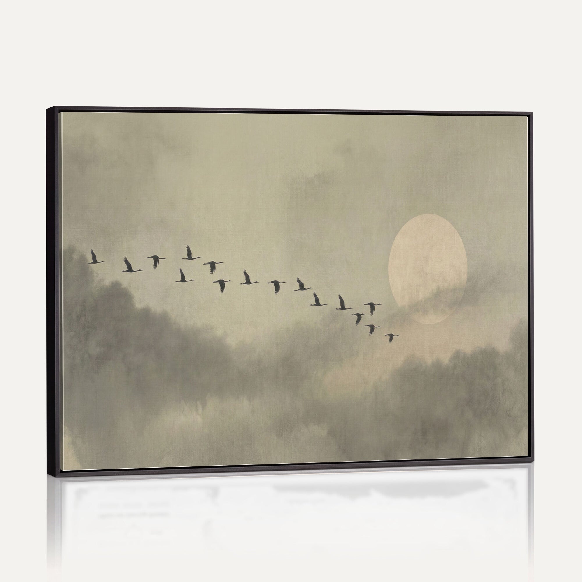 1209814B-MGV-CV-36X24 - Flying Cranes Canvas Wall Art, Misty Landscape with Moon, Sage Green Japandi Decor, Framed Print
